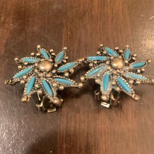 Vintage turquoise, gold flower clip earrings
